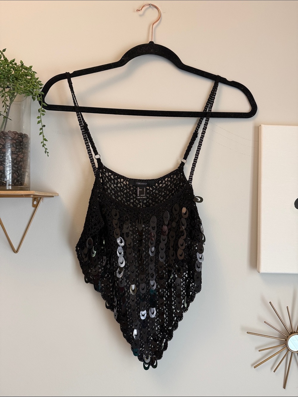NWT Black Sequin Crochet Halter Top